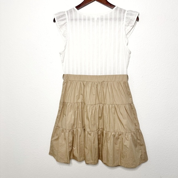 Mine flutter cap Sleeve Button Down White Tan Mini Dress Size Small - Picture 7 of 9